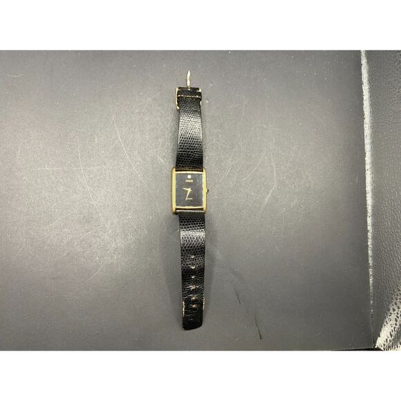 Phasar Gold Tone Rectangle Black Dial Quartz Watch Y100-5470 Black Leather Band - Picture 6 of 8